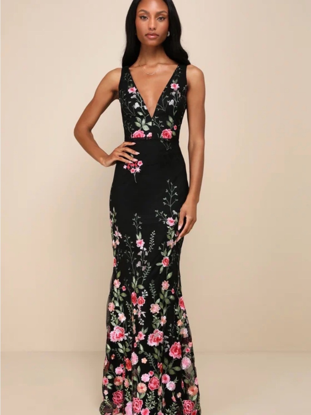 Lulu's Black Maxi Dress with Pink Floral Embroidery